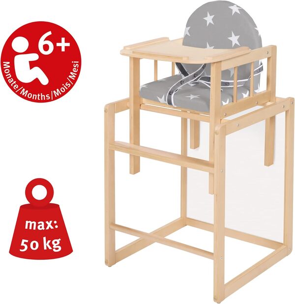 roba Chaise Haute Little Stars en Bois - Siège Rembourré en Design d'Étoiles - Convertible en Table et Chaise - Naturel