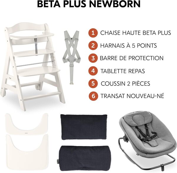 hauck Chaise Haute Bébé Evolutive en Bois Beta+ Newborn Set Highchair Bouncer 3en1 – dès la Naissance avec Transat Bebe, Coussin Assise et Plateau Repas – Blanc