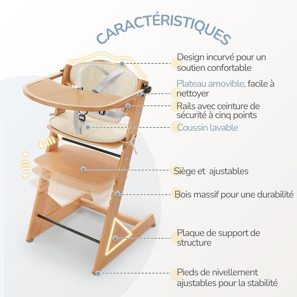 LUE BONA Chaise Haute Bébé Évolutive, Chaise Haute en Bois 3 en 1 pour Jeunes, Chaise pour Enfants avec Coussin, Harnais & Plateau Amovible, Convient aux Bébés et aux Jeunes Enfants, Naturelle