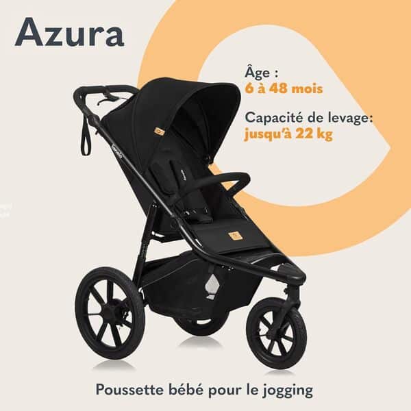 LIONELO AZURA Poussette Bébé de jogging de 6 mois à 22 kg Poussette 3 Roues de jogging Dossier Réglable pour Position Allongée Grandes Roues Gonflables Amortissement Complet Auvent XXL (Black)