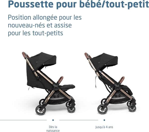 Maxi-Cosi Eva3 Poussette, 0 - 4 ans, 0 - 22 kg, Poussette Bebe, Légère, Compacte, Position Allongée, 3 Positions d'Inclinaison, Pliage Automatique, Sangle de transport, Essential Black Champagne