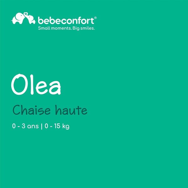 Bebeconfort Olea, chaise haute, 0 à 3 ans, 0 à 15 kg, entièrement réglable, 9 positions de hauteur et 3 d’inclinaison, nettoyage facile, 4 roues pivotantes, pliage compact, Tinted Grey