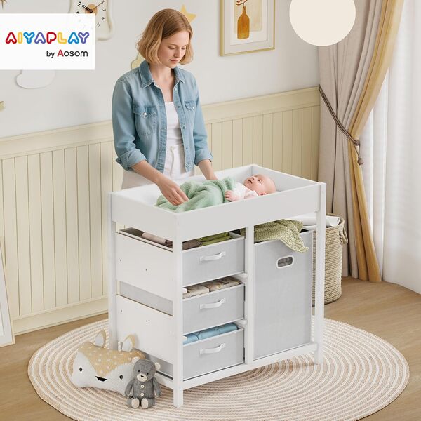 AIYAPLAY Table à langer avec 4 tiroirs, table à langer pour 0-12 mois (max. 11kg), avec tapis, station de soins pour la chambre à coucher, blanc
