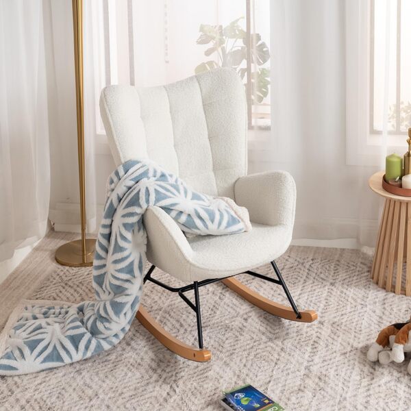 Meuble Cosy Fauteuil à Bascule Allaitement Rocking Chair Scandinave Chaise Loisir Revêtement en Sherpa avec Pieds en Bois Massif pour Salon, Chambre, Le Balcon, Beige