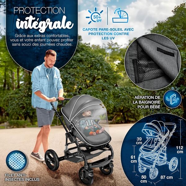 KIDUKU® Poussette Combinée 3 en 1 | Trio pour Enfants | Siége Auto Légère, Piable | Nacelle Souple Convertible | Set de Voyage (Anthracite)