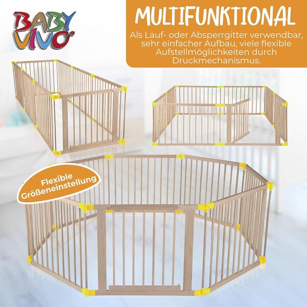 Baby Vivo Parc Bébé Barrière Sécurité Pliable Enfant Protection Porte en Bois - réglable individuellement- 8 Éléments PREMIUM