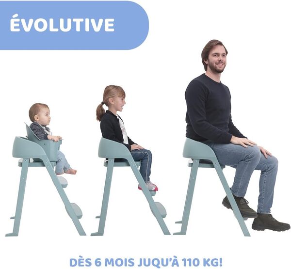 Chaise haute Crescendo Lite pour bébés dès 6 mois, évolutive jusqu'à 110 kg, 3 configurations, convertible en chaise enfant et adulte, repose-pieds réglable, pliage compact