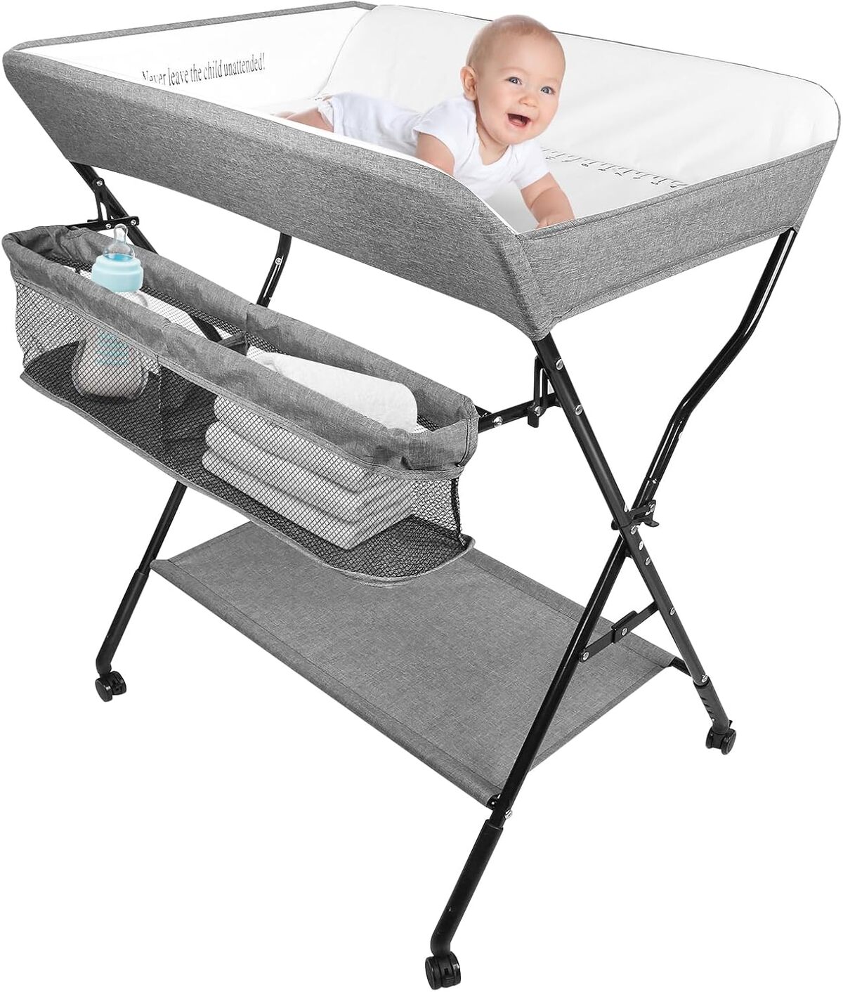 Test : table à langer pliante avec roulettes et panier de rangement gris
