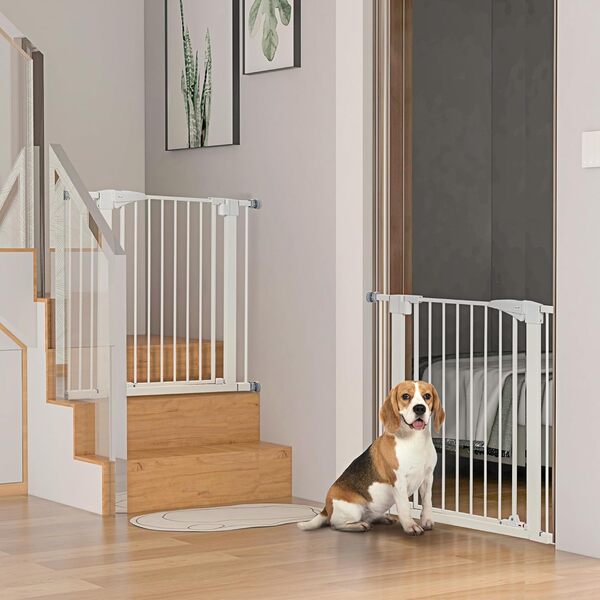 PawHut Lot de 2 barrière de sécurité pour Chien Extensible, Largeur 76-103 cm, sans perçage avec Fermeture Automatique et Double Verrouillage, Hauteur 77 cm pour escaliers, couloirs, Blanc