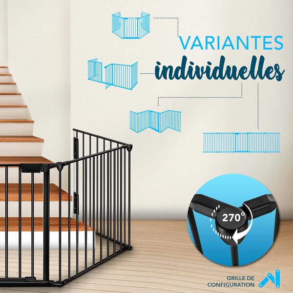 KIDUKU® Barrière de sécurité Enfant - Grande Version 420 cm | Grille de Protection métal - Pliable | avec Porte Inclus | 7 éléments - Pré-assemblé