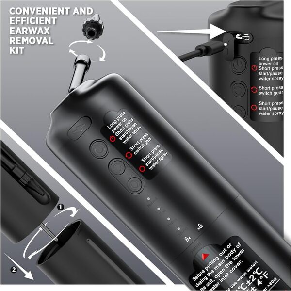 Temodu Kit de nettoyage des oreilles – Nettoyeur d'oreille électrique – Kit d'irrigation auriculaire – Système de rinçage d'oreille sûr avec 4 modes de pression – Outil efficace de retrait du cérumen