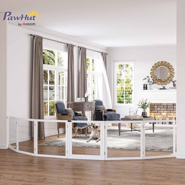 PawHut Barrière de sécurité Chien barrière autoportante barrière modulable Pliable 6 Panneaux 2 Pieds Support Bois de pin 432 x 36 x 70 cm Blanc