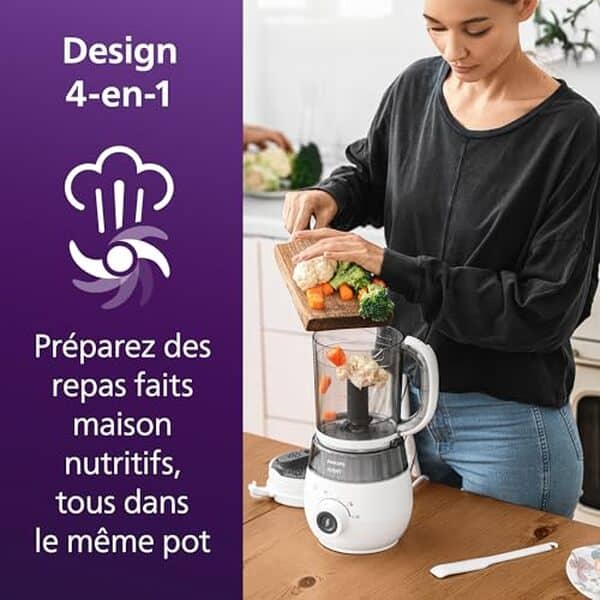 Découvrez l'efficacité du robot cuiseur-mixeur Philips Avent SCF883/20 pour préparer facilement des repas sains et savoureux pour bébé avec sa fonction 4 en 1 innovante.